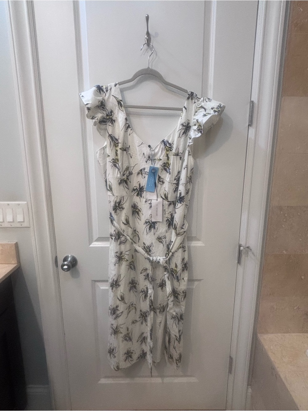 Tanya Taylor White Floral Ruffle Sleeve Women's Dress